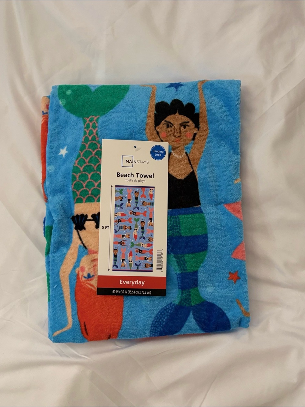 Mainstays Mermaid Print Beach Towel in Light Blue with Multicolor Tails
